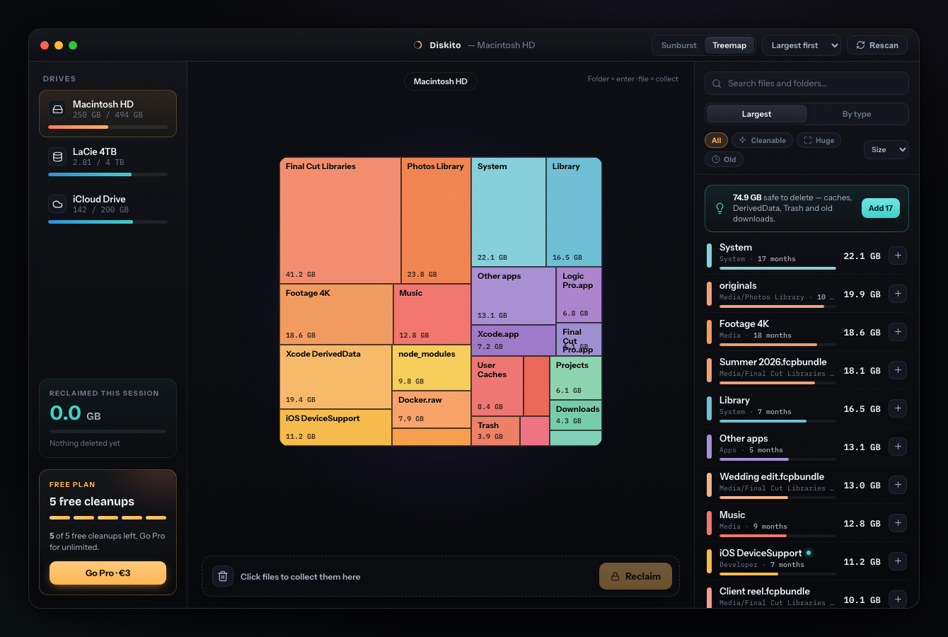 Diskito app showing a treemap of a Mac disk with the largest files and a cleanup collector